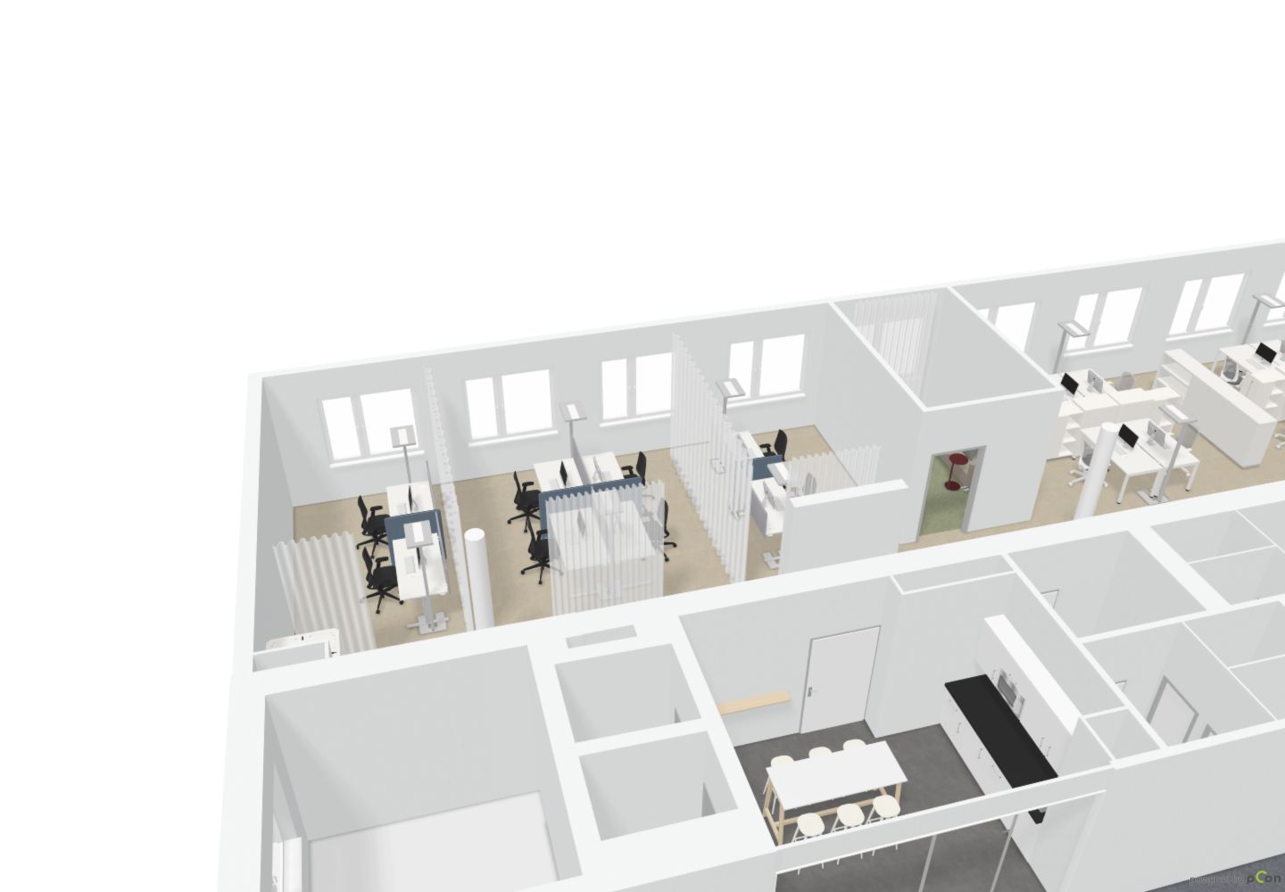 3D-Planung einer Bürofläche mit Arbeitsplätzen und Besprechungsräumen